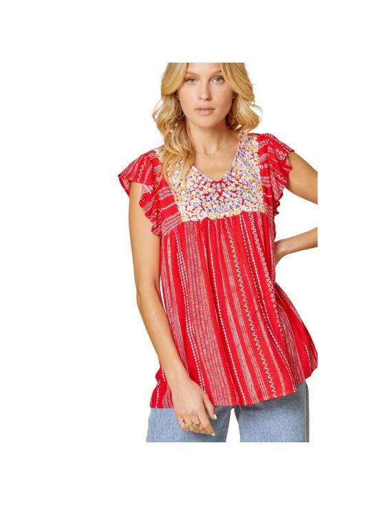 Savanna Jane Sweaters - 239 Savanna Jane Red Embroidered Ruffled Boho Blouse (Medium, EUC)